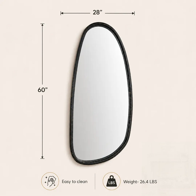 Miroir mural moderne et irrégulier avec cadre en bois de manguier noir délavé, parfait pour un décor contemporain et rustique