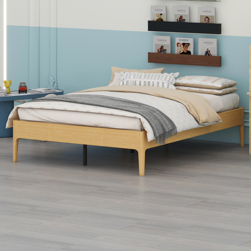 Contemporary Platform Bed Frame with Integrated Slat Support and Metal Reinforcement, Quick and Tool-Free Assembly, Natural