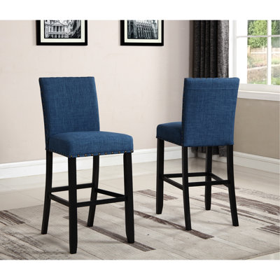 Tabourets de bar en tissu avec bordure bleue, structure en bois franc, lin et coton, H 44 po, siège H 30 po, garniture cloutée 16 po x 2 po, revêtement en coton et bois foncé, 16 po x 23 po x 44 po
