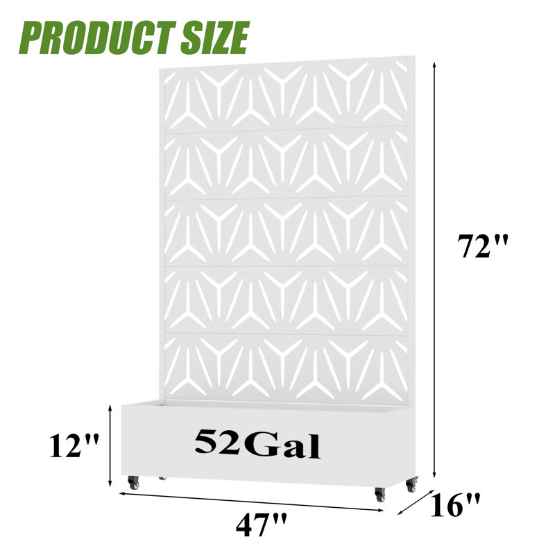 Metal Planter Box with Trellis with Wheels, 72" H x 47" W x 16" D, White