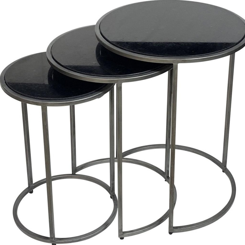 Ensemble de trois tables gigognes à cadre rond en marbre et fer noir et gris, Noir/gris