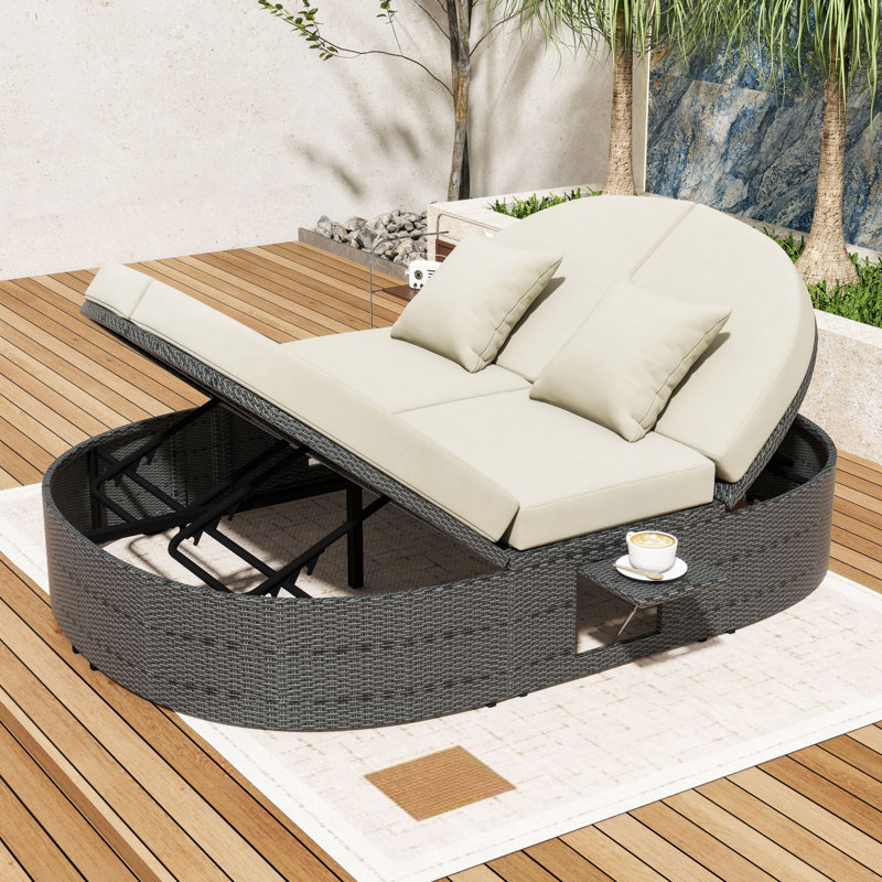 2-Person Outdoor Rattan Chaise Lounge with Adjustable Backrests, Cushions and Foldable Trays, Gray, Beige