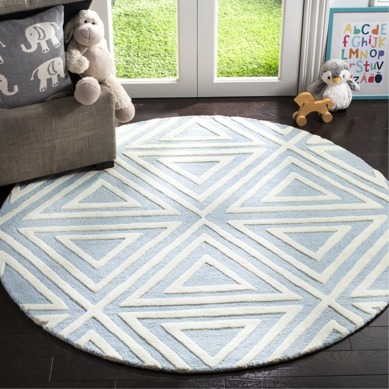 Tapis bleu / ivoire en laine touffeté à la main à motif géométrique Krystyna, Rond 5 pi