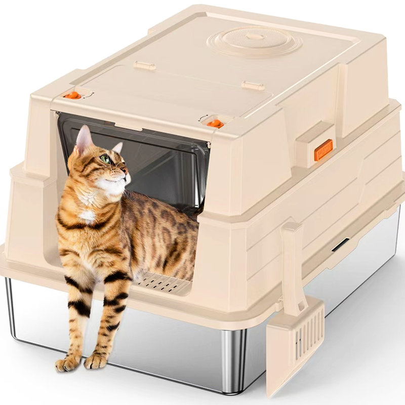 Bac à litière pour chat en acier inoxydable de grande taille, à conception surélevée à débordement, lavable, avec odeur, avec crochet, boîte de rangement de 28,46 po de profondeur, profond