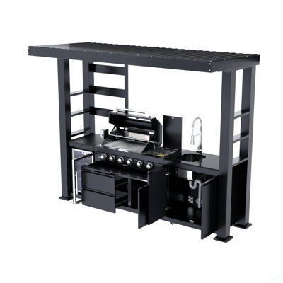 Barbecue de cuisine de 110 pouces à 4 brûleurs et 72 000 BTU de luxe en acier inoxydable pour barbecue avec îlot de cuisine + réfrigérateur à vin compact + rôtissoire + comptoirs en granite + armoires et tiroirs de rangement