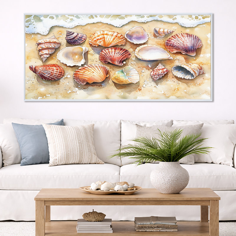 Art mural coquillage, toile de plage, coquillages sur la plage de sable, Cadre flottant blanc, H 28 po x l 60 po
