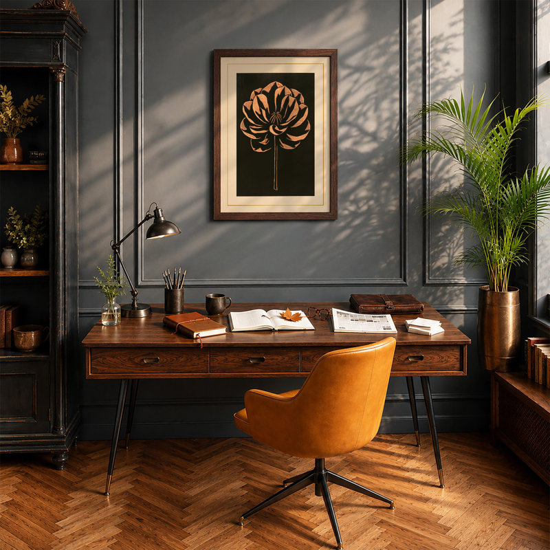 Gilded Lotus Botanical - Framed Print, A2 - 59.4 x 42.0 cm, Walnut