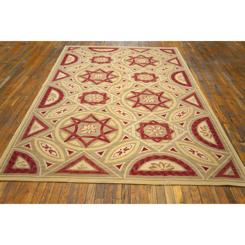 Tapis rouge / beige / ivoire en laine noué à la main de conception unique 9 pi x 12 pi Needlpoint