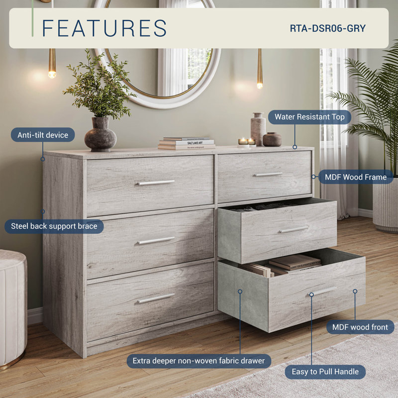 6-Drawer Dresser With Large Fabric Drawers, Gray