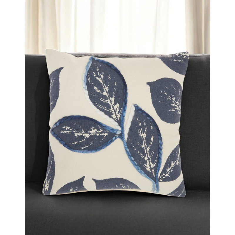 20" Charcoal Gray and Beige Floral Throw Pillow With Embroidery, Navy