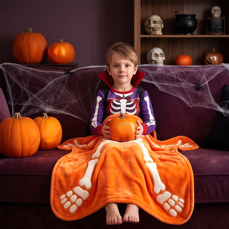 Couverture décorative d'Halloween en forme de squelette humain, en flanelle orange gaufrée, motif irrégulier, idéale pour canapé, lit ou fête d'Halloween à la maison.