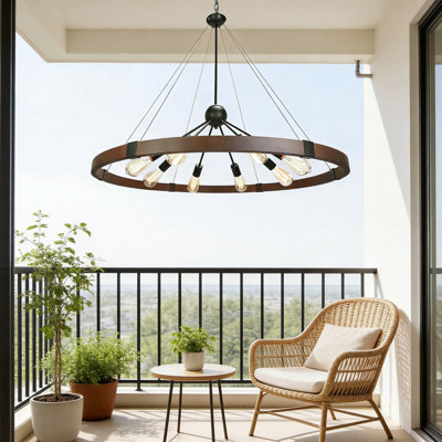 Farmhouse Wagon Wheel Chandelier Light Fixture With Adjustable Height, 8-Light Rustic Metal Ceiling Lighting For Dining Room Living Room Kitchen Island Entryway, Dimmable Vintage Industrial Design