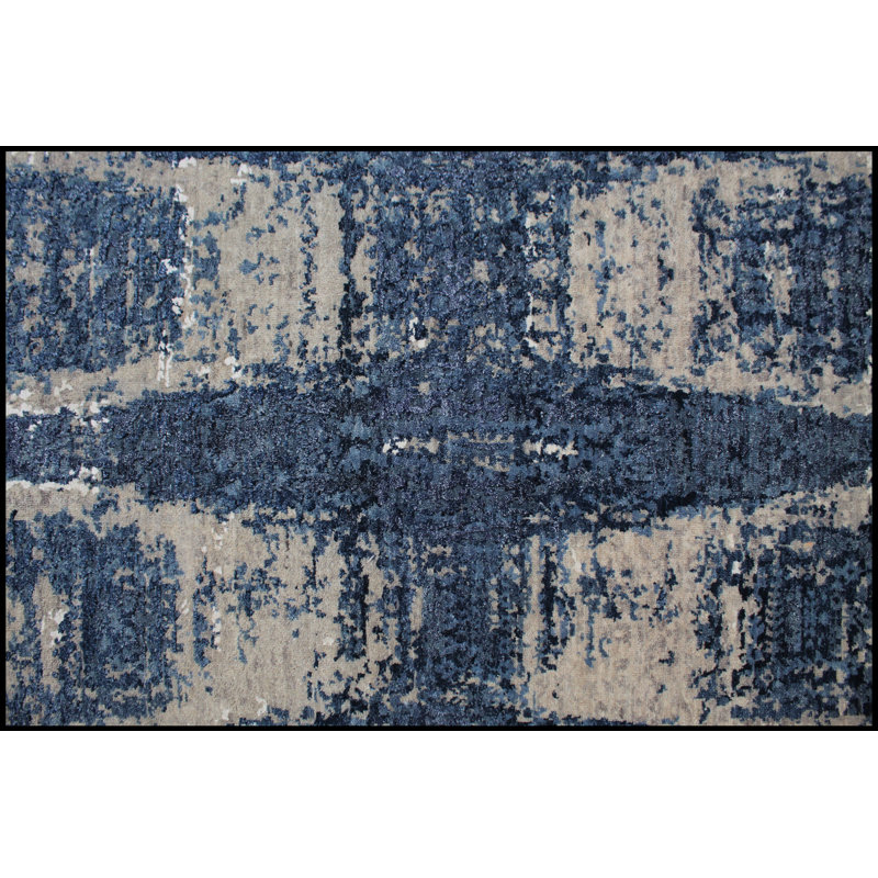 Tapis bleu marine et argent noué à la main de haute qualité, Rectangle 8 pi x 10 pi