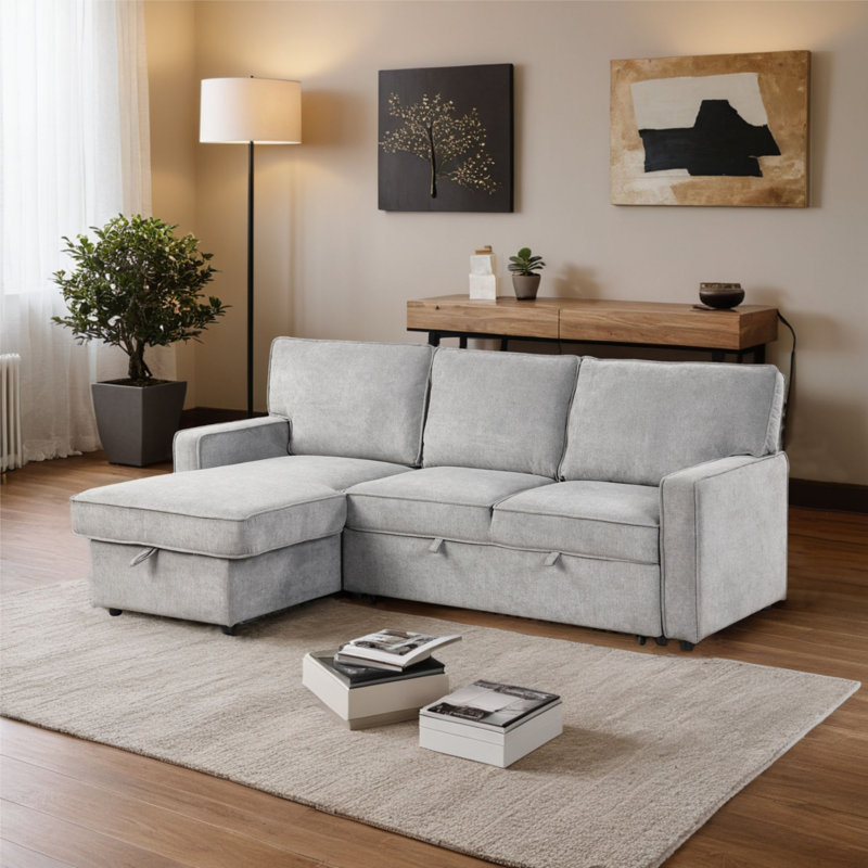 Rogel Upholstery Sleeper Sectional Sofa With Storage Space Usb Port And 2 Cup Holders, Gray Polyester