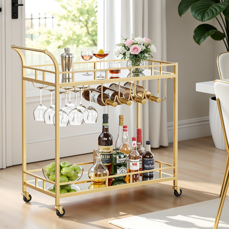 34.3'' W Bar Cart  Kitchen Serving Cart With Multi-Level Storage Drinks Trolley, Home Bar Serving Cart, Wine Cart, Gold