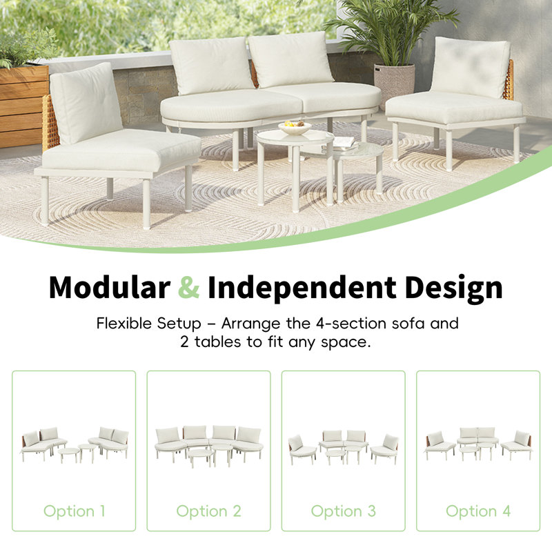  Ensemble de canapé de patio 6 pièces demi-lune avec 2 tables basses, rotin en osier PE, plateau en verre, coussins et coussins, beige
