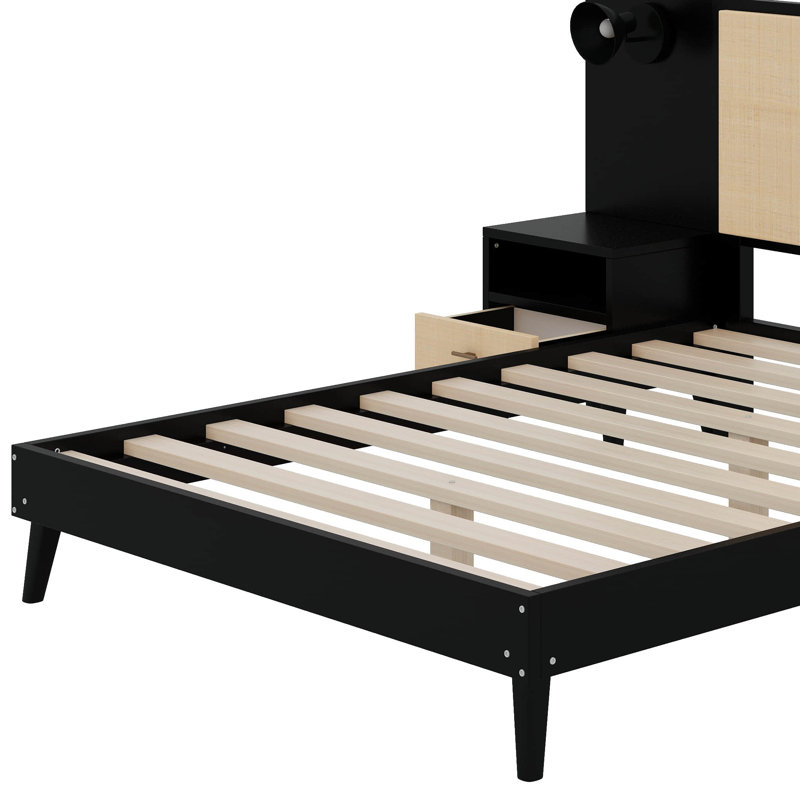 Structure de lit grand en bois massif avec 2 tables de chevet, Noir