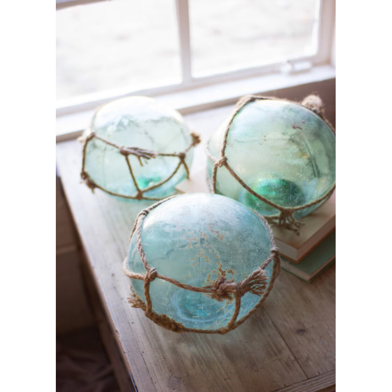  Flotteur en verre recyclé H 10 po - Décoration décorative enveloppée de jute bleu, ensemble de 2