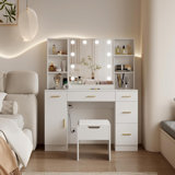 Vanity Desk With Led Lighted Mirror,Makeup Vanity With 10 Led Lights & 5 Metal Sliding Drawers, 3 Color Brightness Adjustable, Vanity Table With 6 Open Shelves, Dressing Table