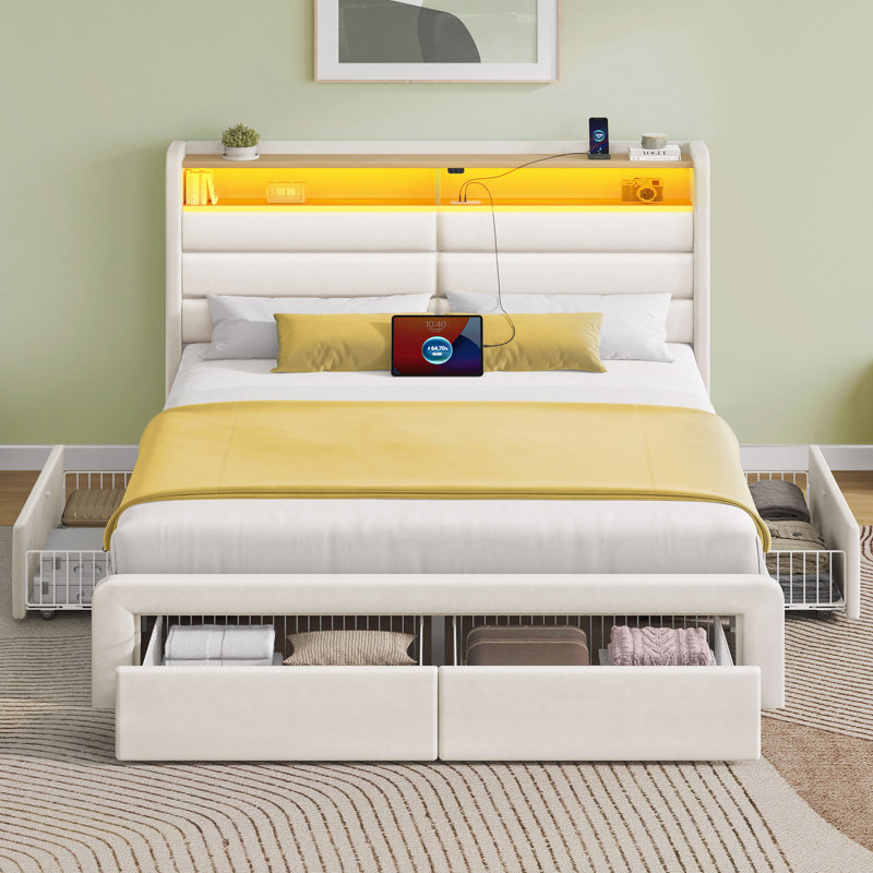 Upholstered Bed Frame with Storage Drawers & LED Lights