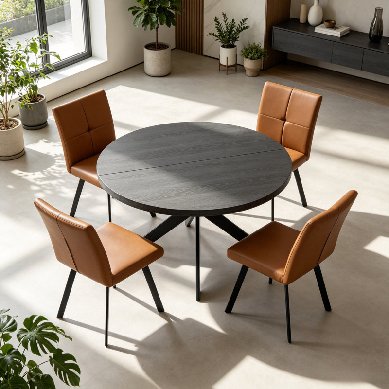 45.3"  Round Dining Table Set For 4, Extendable Wood Table With Faux Leather Chairs, Modern Kitchen Dining Room Set, Brown