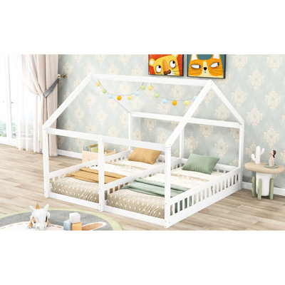 Lit plateforme blanc avec lit simple - deux lits partagés, cadre, garde-corps, assemblage simple 2 en un, blanc, pin et construction robustes, lit facile à assembler