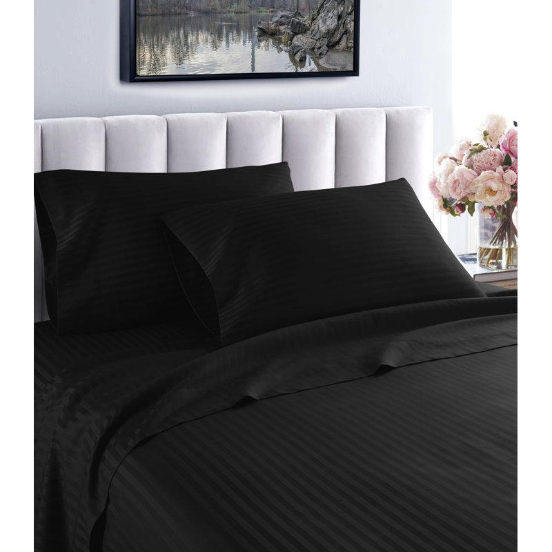Hotel London Egyptian Cotton Striped Sheet Set, California King Sheet Set with 2 Pillowcases, Black