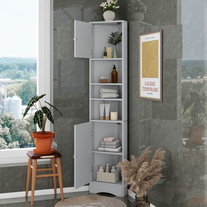 Corner Storage Cabinet, Tall Storage Cabinet With 2 Doors And 3 Shelves, Open Shelf For Bathroom, Kitchen & Living Room, Gray