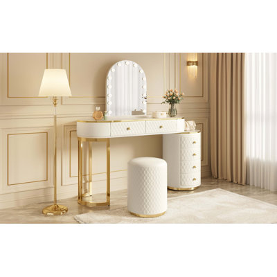 Luxury Makeup Vanity Desk with 3-Color LED Mirror & Stool, Adjustable Length Vanity Table with Movable Side Cabinet, 6 Drawers Storage, Marble-Look Sticker Top, PU Leather Drawers