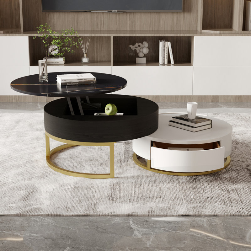 Bonapart Round Coffee Table Set with Storage, Lift-Top Coffee Tables, Black/White