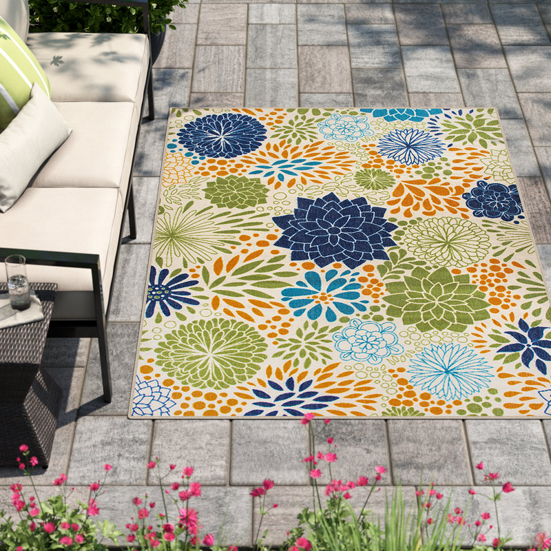 Alexavia Floral Blue/Green/Orange Indoor / Outdoor Area Rug, Rectangle 7'10" x 10'