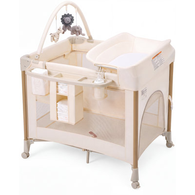 5 in 1 Foldable Baby Playard with Bassinet & Changing Table & Mattress & Toy Bar & Large Storage Bag,Pack and Play for Newborn to Toddler (Beige)