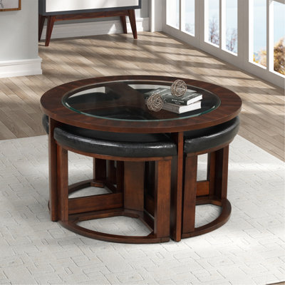 Table basse cylindrique en bois massif avec plateau en verre et 4 tabourets