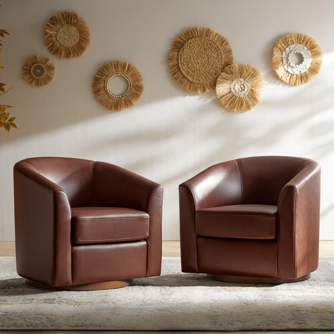 Amiir Modern 30.5'' Wide Genuine Leather Swivel Barrel Chair with Solid Wood Base (Set of 2) Wade Logan® Leather 