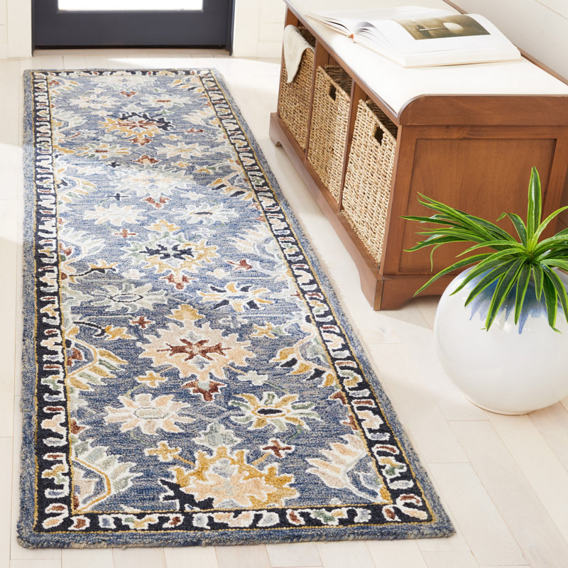 Oriental Hand Tufted Wool/Cotton Area Rug in White/Blue, Runner 2'3" x 9'