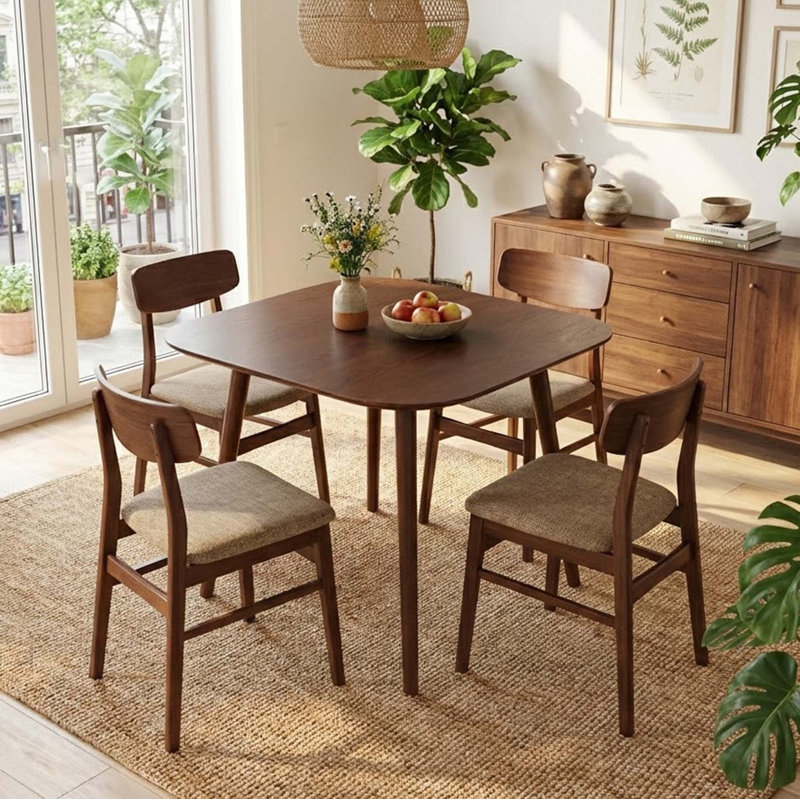 Mid-Century Modern Square Dining Table with Tapered Legs, 35" Rubberwood & MDF Table for Dining Rooms, Kitchen, Dark Walnut