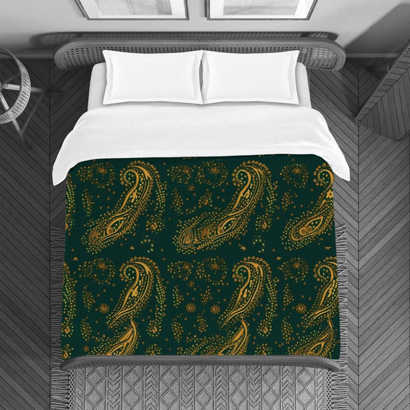 Machine Printed Duvet Cover, Twin Duvet Cover, Gold/Green Paisley