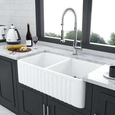 Évier de cuisine en céramique blanc 33 po - double cuve 50/50, résistant à la chaleur, aux égratignures, aux ébréchures, à la décoloration, superbe durabilité de 33 po, élégance à la chaleur