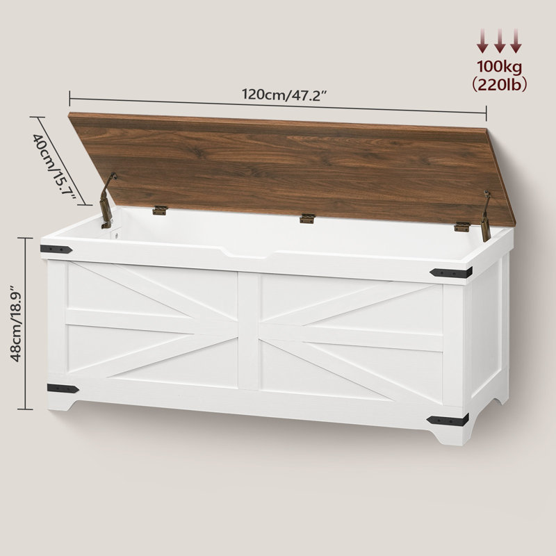 47.2" Farmhouse Storage Bench Toy Chest With U-shaped Cutout & Safety Hinges, White/Walnut