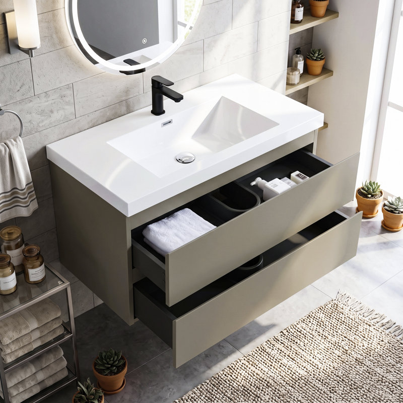 Meuble-lavabo suspendu de 91 cm (36 po), armoire en mélamine de bois avec lavabo intégré en résine et carbonate de calcium, préassemblé