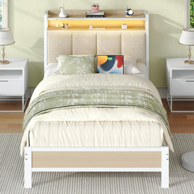 Bed Frame with Storage Headboard, Upholstered Platform Bed with Charging Station and LED Lights, Heavy Duty Metal Slats