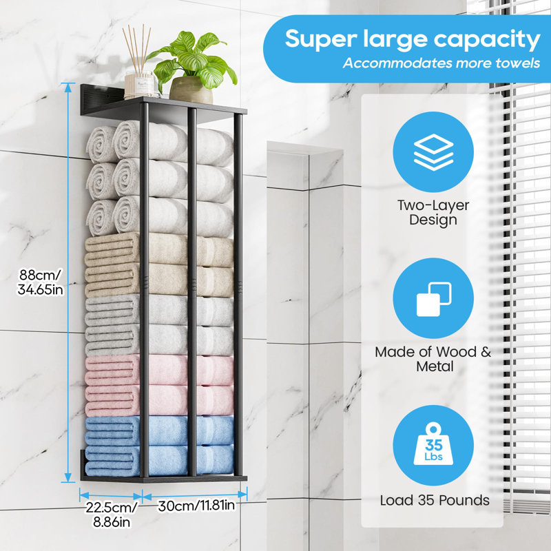 Towel Racks for Bathroom Wall Mounted with Wooden Storage Shelf, 3 Bar Metal Towel Holder for Rolled Towels, Rustic Sturdy and Large Capacity, Towel Storage Organizer, (Modern Black)