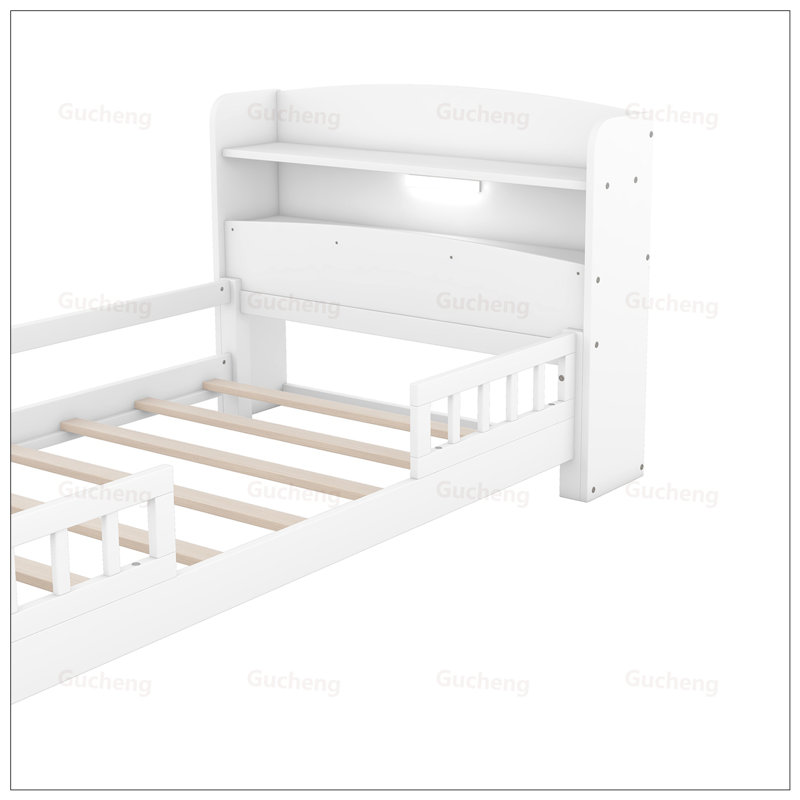 Lit plateforme avec lumière DEL et tête de lit à rangement, parfait pour les chambres à coucher modernes et classiques.