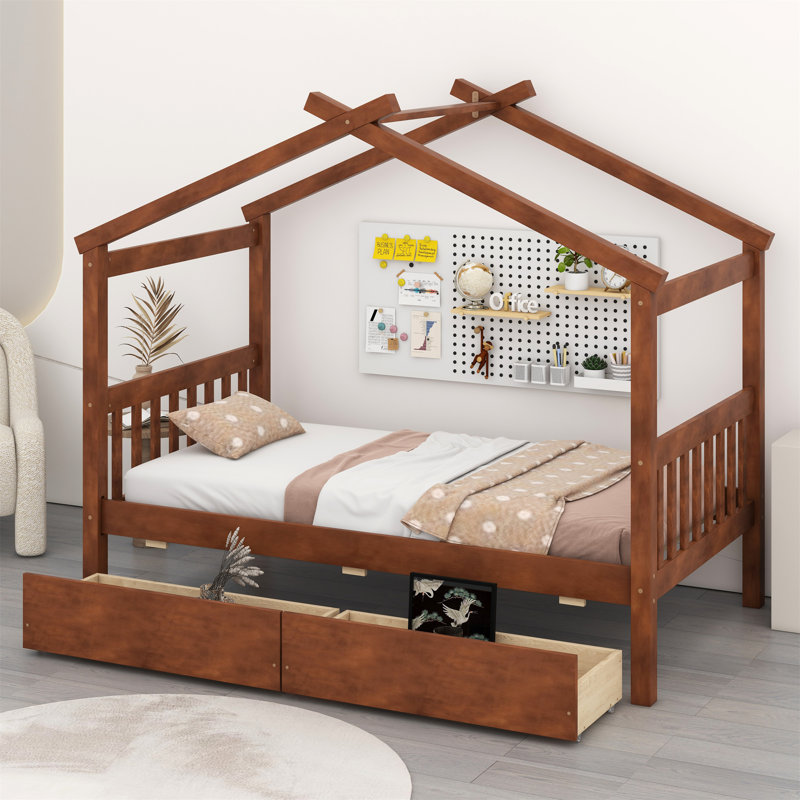 Wooden House Bed with Drawers, Walnut