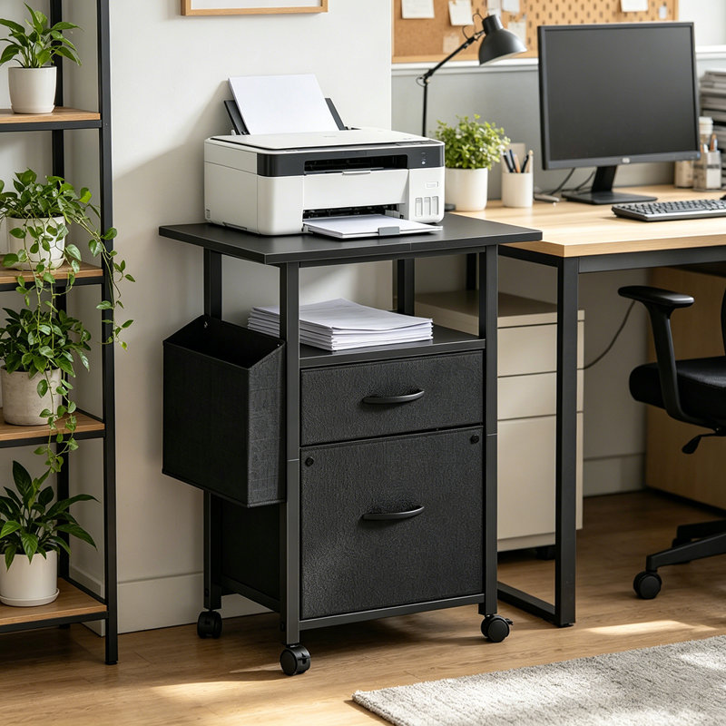 Mobile File Cabinet With 2 Drawer & Side Bag, Rolling Office Storage Cabinet, Fits A4/Letter Size, Printer Stand, Black