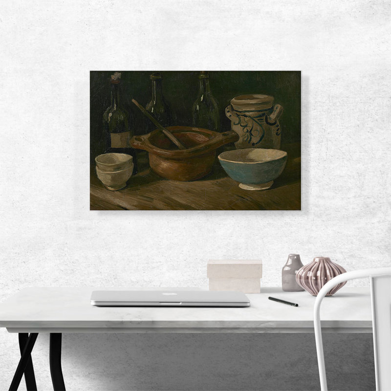 Nature morte avec faïence et bouteilles - 1885, H 18 po x l 26 po x P 1,5 po