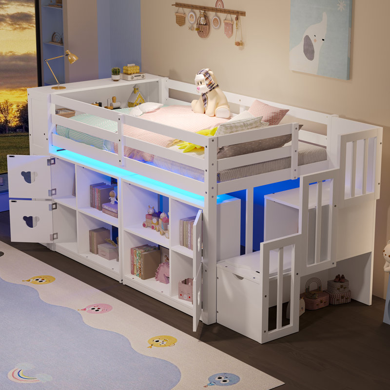 LIT DE LIT DOUBLE DE TAILLE BASSE AVEC TABLETTES, TÊTE DE RANGEMENT ET escalier de couleur blanche, Blanc