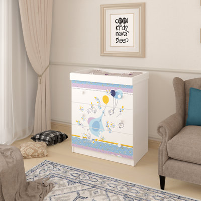 80cm Wide 3-Drawer Baby Changing Table - White, Elephant with Balloon Print