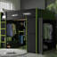 Lit mezzanine double avec station de jeu, station de charge, éclairage et tablettes au-dessus de l'espace de jeu, port, rangement pour garde-robe ouverte-130164870