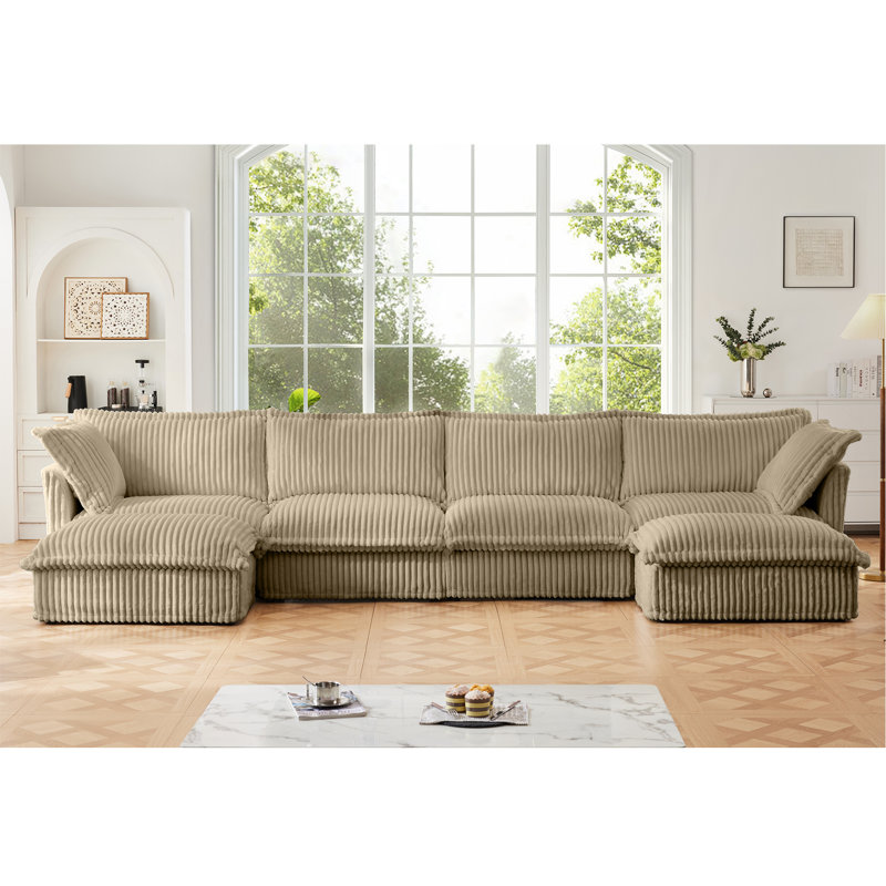 Neil 4-Seater Corduroy Sectional Sofa with 2 Ottomans, Velours côtelé chameau
